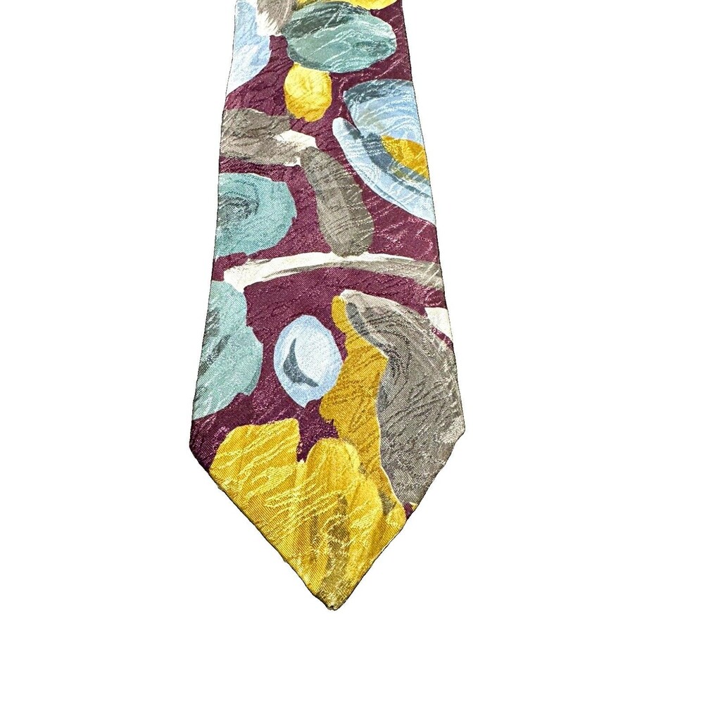 Vintage 90s Abstract Floral Mens Tie Burgundy Gold Blue Retro Art Teacher